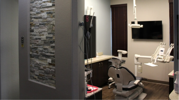 Dental treatment room seen from hallway