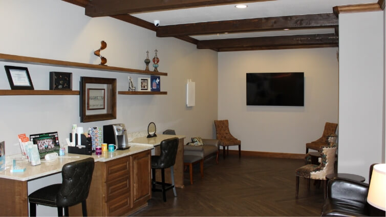 Chairs and refreshment station in reception area