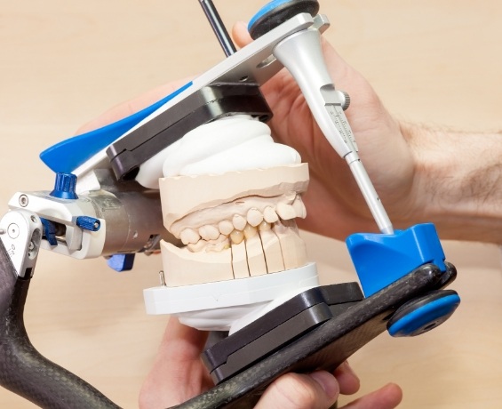 Dentist holding model of the jaws in an adjustment device